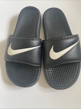Nike Black Slides with White Swoosh Logo
